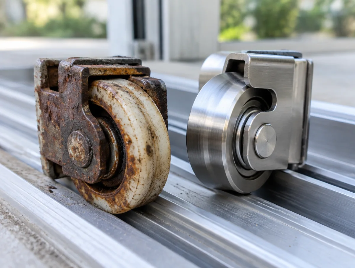 Worn rusty sliding door roller next to a new stainless steel roller