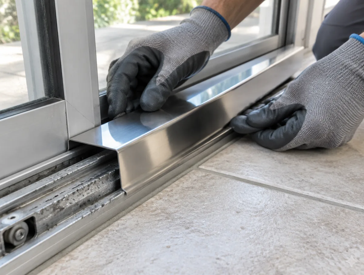 Stainless steel track cap being fitted over a grooved aluminum track