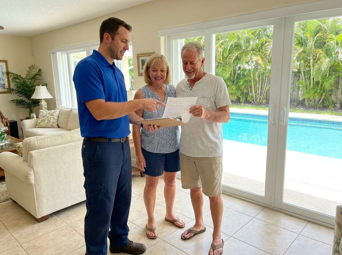 Technician showing a written price on a clipboard to homeowners beside their sliding door